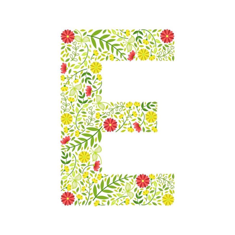 Capital Letter E, Green Floral Alphabet Element, Font Uppercase Letter Made of Leaves and Flowers Pattern Illustration vector