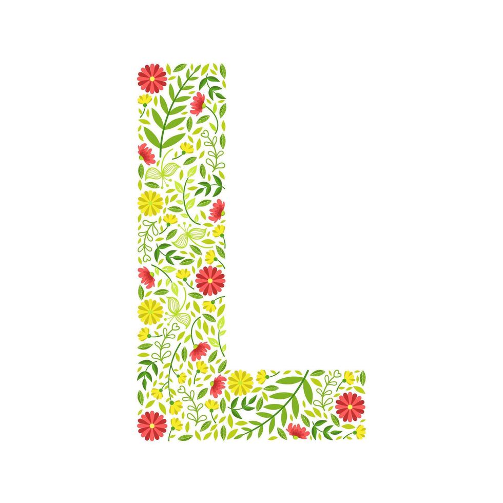 Capital Letter L, Green Floral Alphabet Element, Font Uppercase Letter Made of Leaves and Flowers Pattern Illustration vector