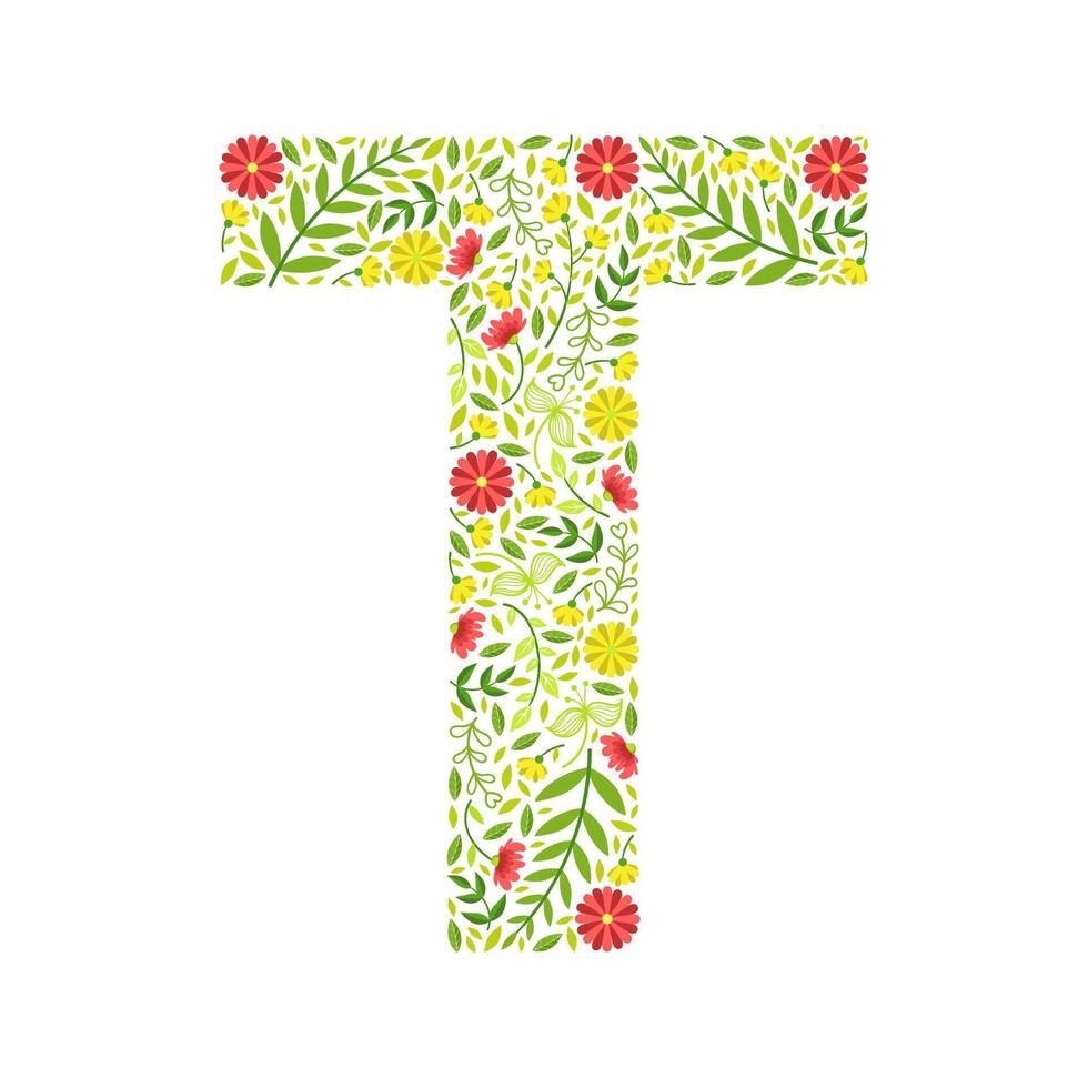 Capital Letter T, Green Floral Alphabet Element, Font Uppercase Letter Made of Leaves and Flowers Pattern Illustration vector