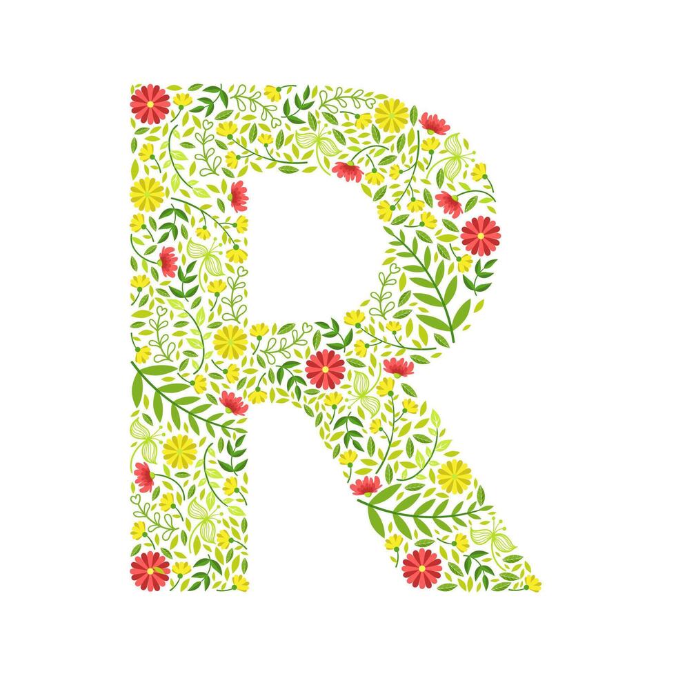 Capital Letter R, Green Floral Alphabet Element, Font Uppercase Letter Made of Leaves and Flowers Pattern Illustration vector