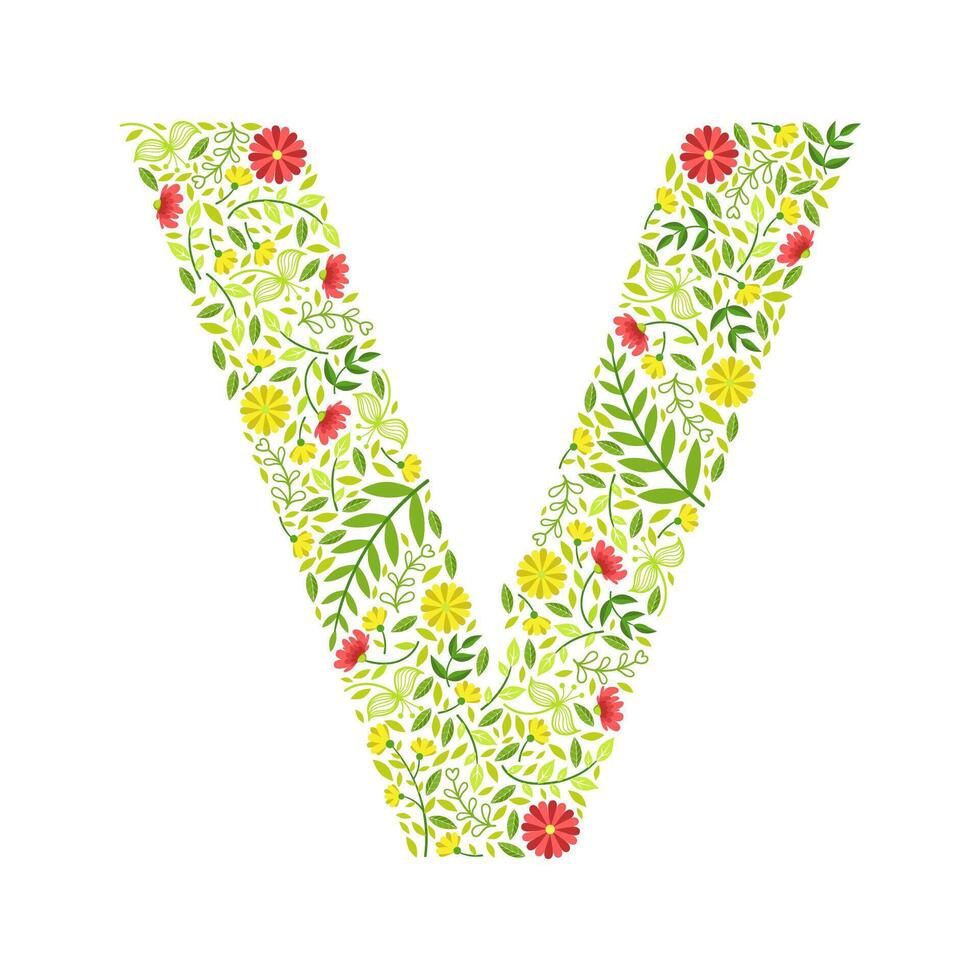 Capital Letter V, Green Floral Alphabet Element, Font Uppercase Letter Made of Leaves and Flowers Pattern Illustration vector