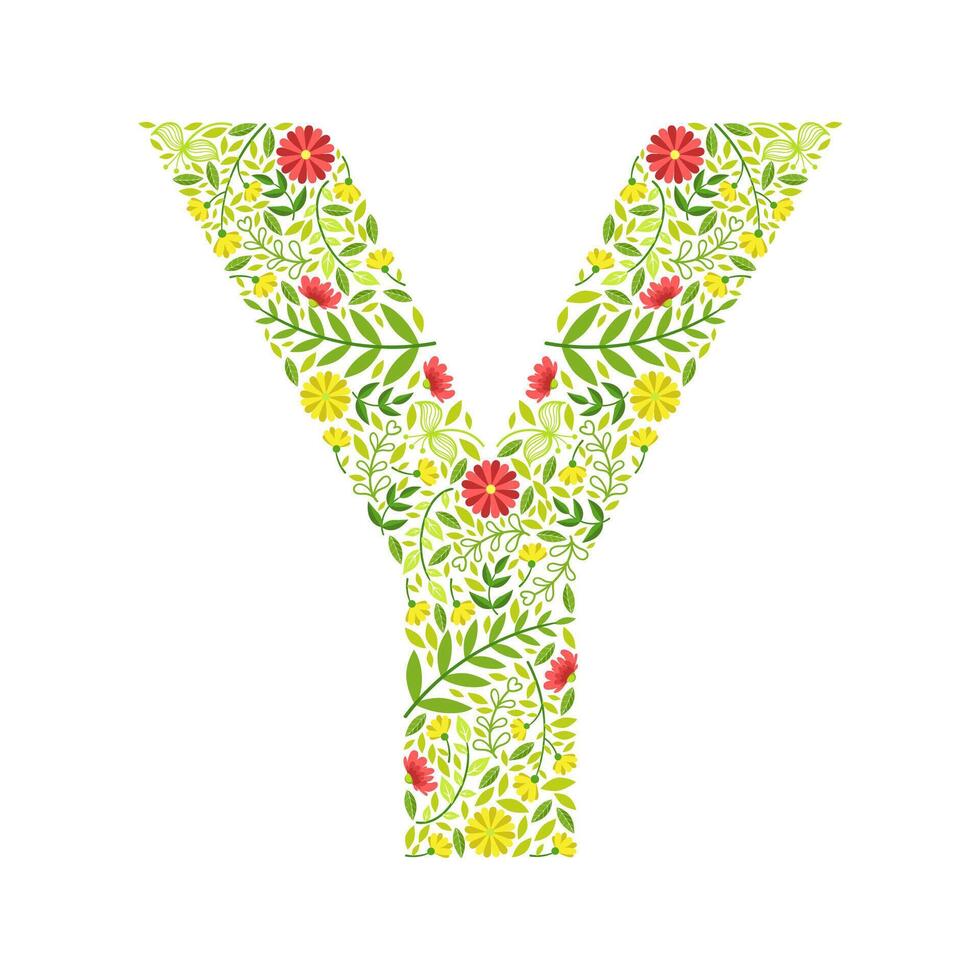 Capital Letter Y, Green Floral Alphabet Element, Font Uppercase Letter Made of Leaves and Flowers Pattern Illustration vector