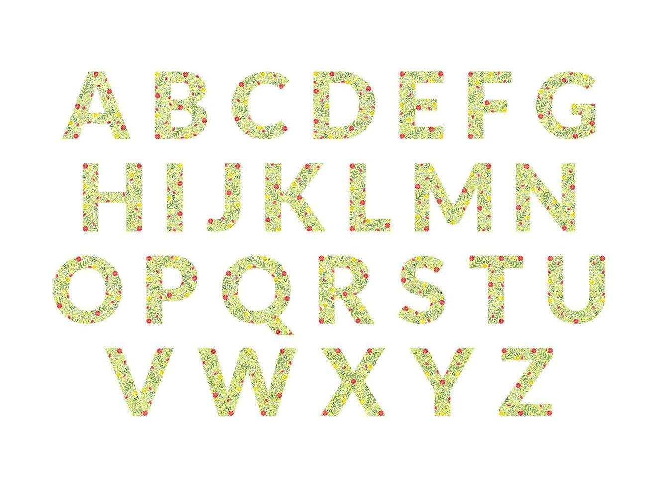 Green Floral Alphabet, Font Uppercase Letters Made of Leaves and Flowers Pattern Illustration vector