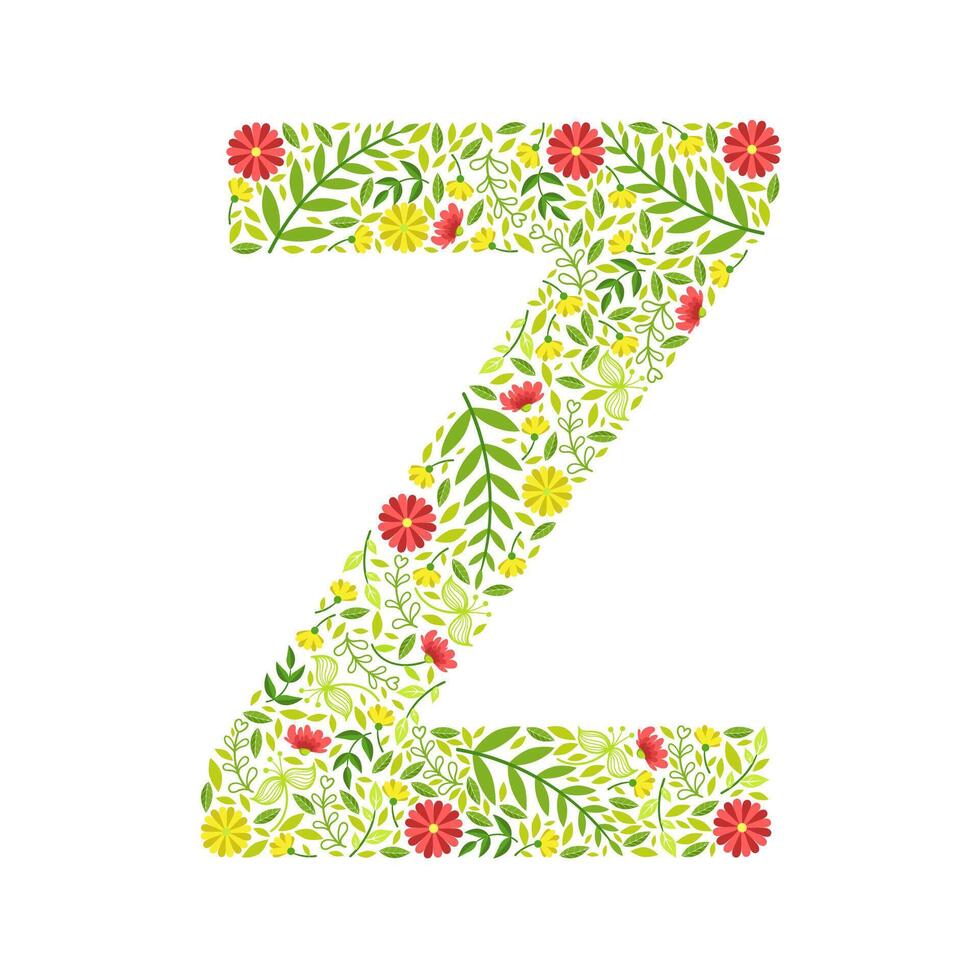 Capital Letter Z, Green Floral Alphabet Element, Font Uppercase Letter Made of Leaves and Flowers Pattern Illustration vector