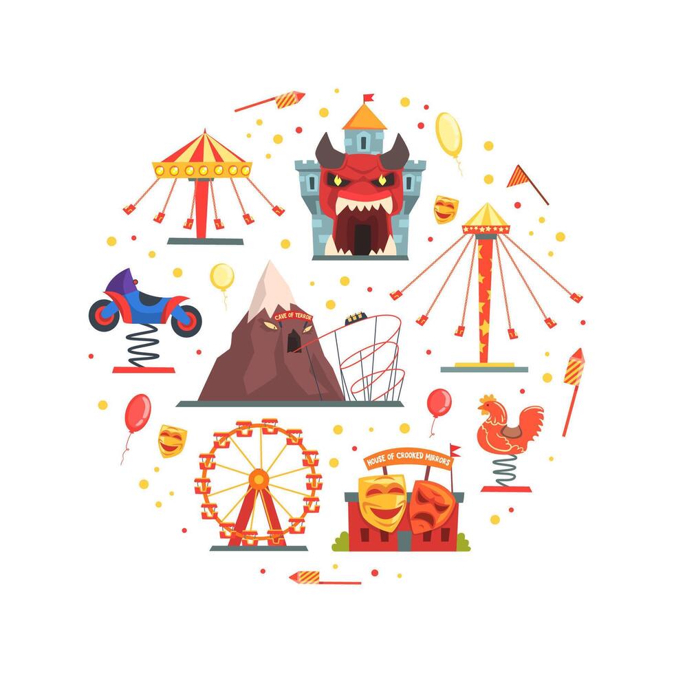 Amusement Park Elements of Circular Shape, Festive Park Attractions Illustration vector