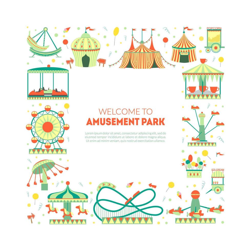 Welcome to Amusement Park Banner Template with Carousels, Festive Park Attractions and Space for Text Illustration vector