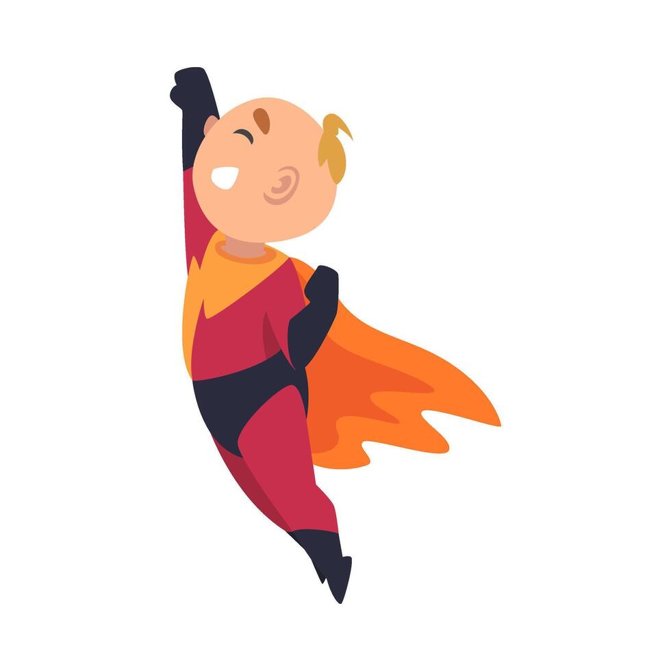 Boy in flight pose holds his hand up cartoon illustration vector