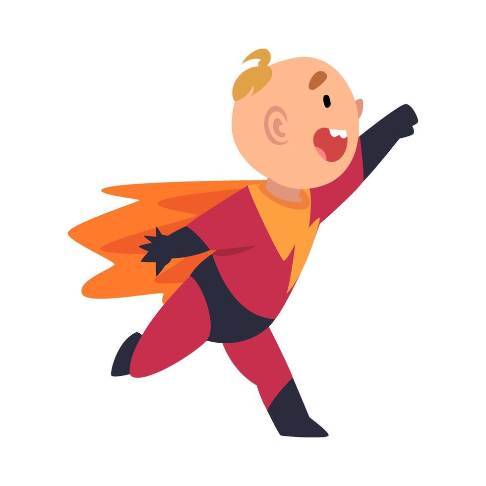 Boy in a superhero costume joyfully runs with his arm outstretched cartoon illustration vector