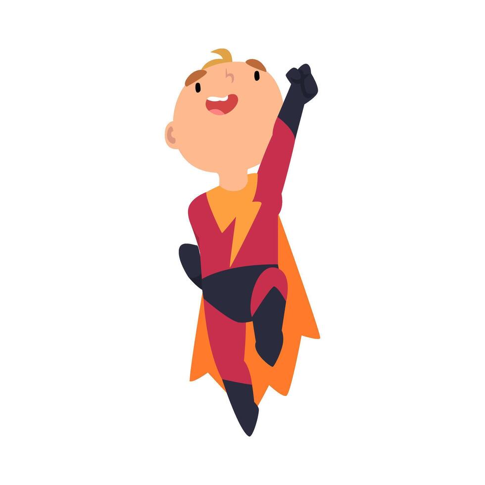 Boy dressed as superhero jumps to take off cartoon illustration vector