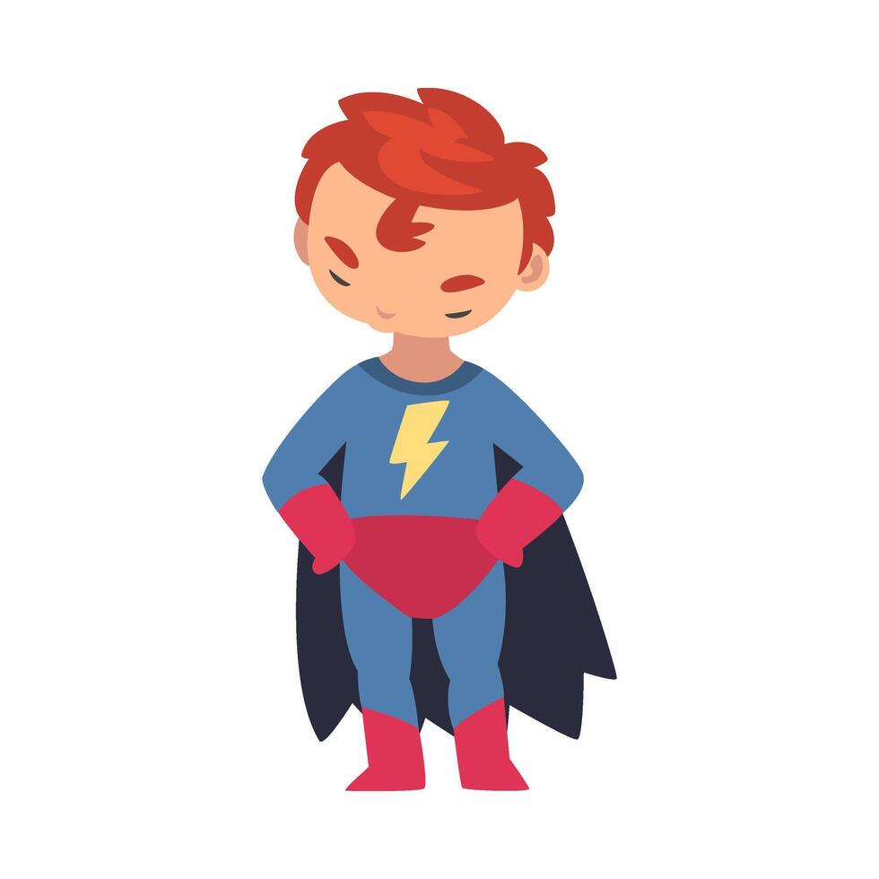 A boy in a superhero costume holds his hands on his hips and lowered his head and shakes it cartoon illustration vector