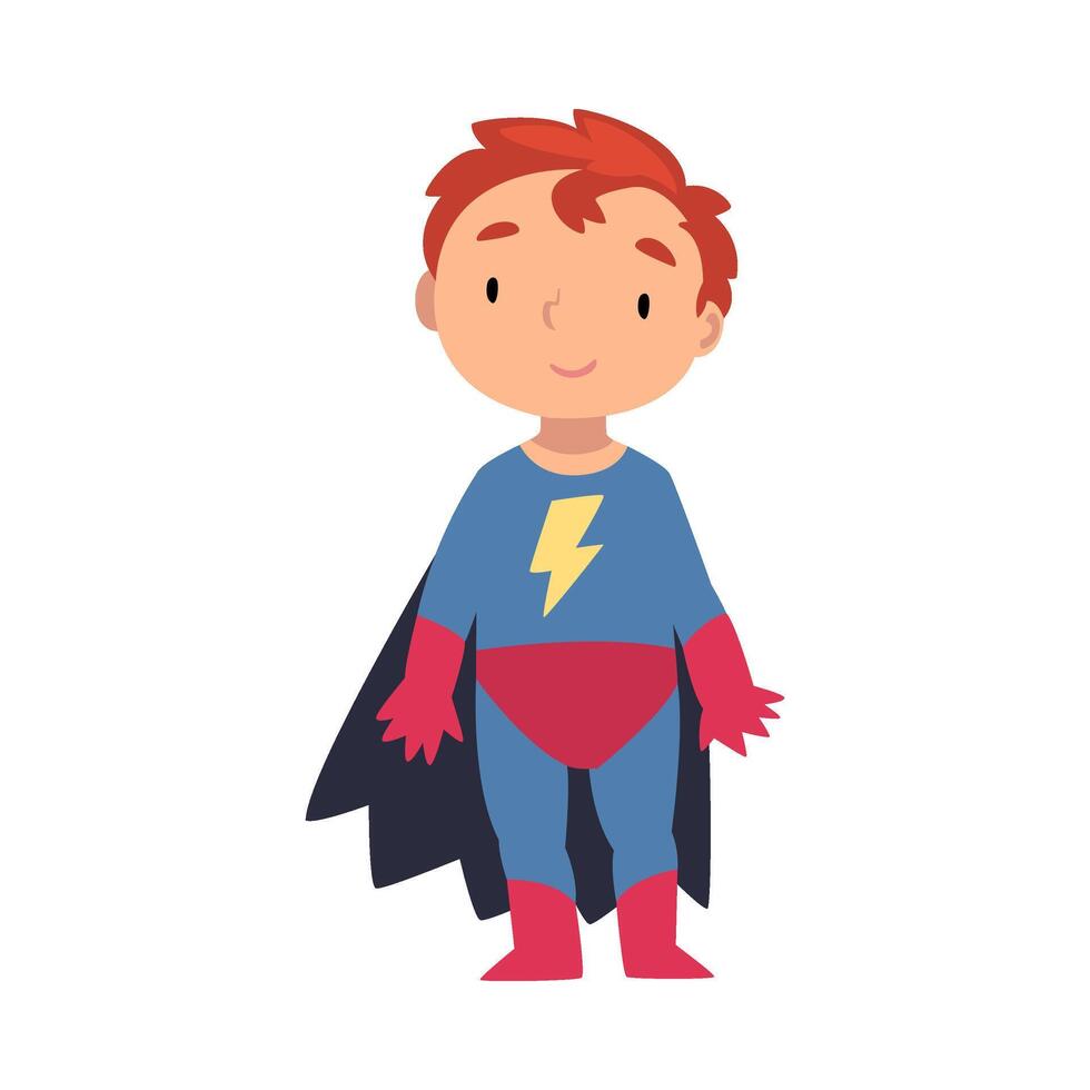 Boy in a superhero costume stands with his fingers spread cartoon illustration vector