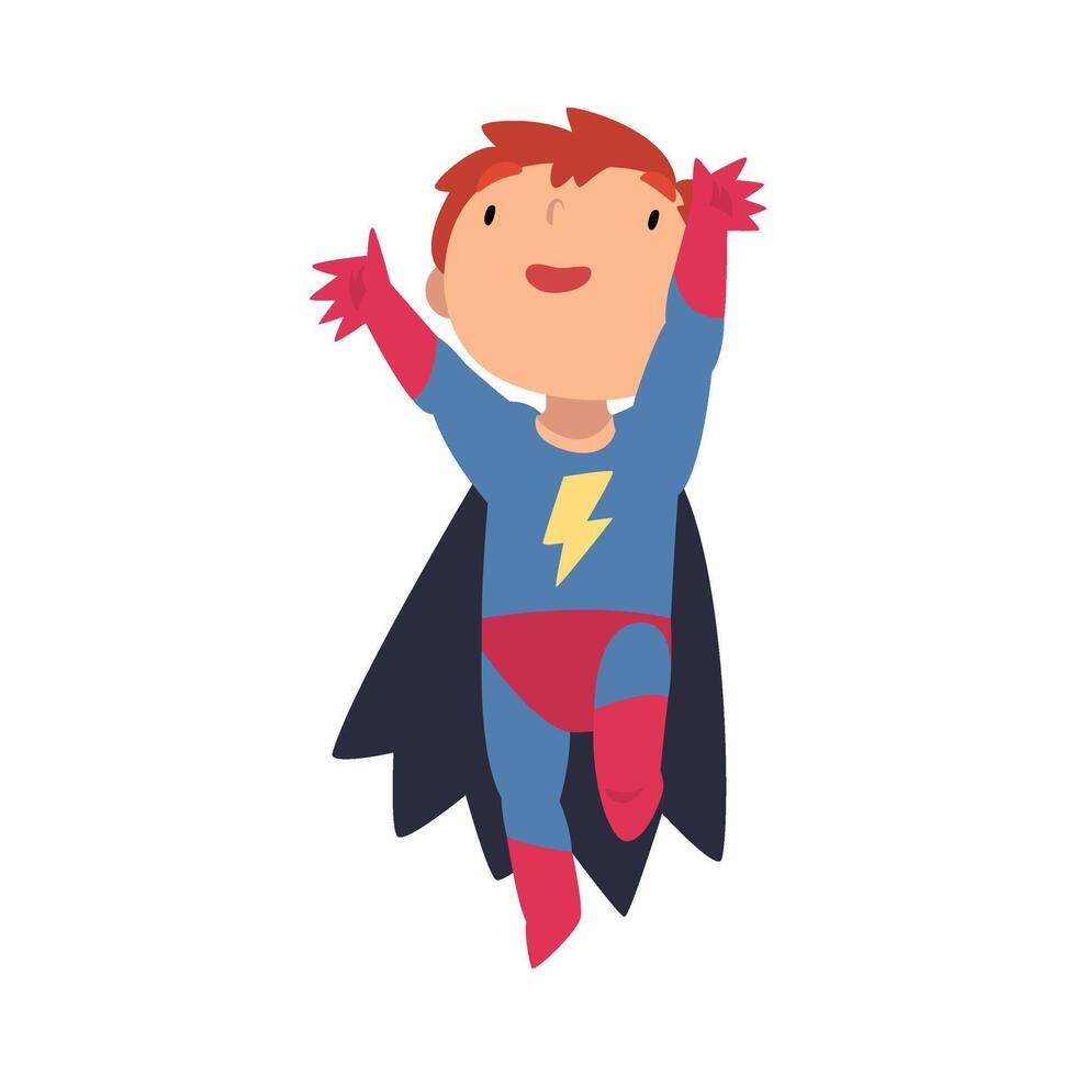 Boy in a superhero costume joyfully jumps cartoon illustration vector