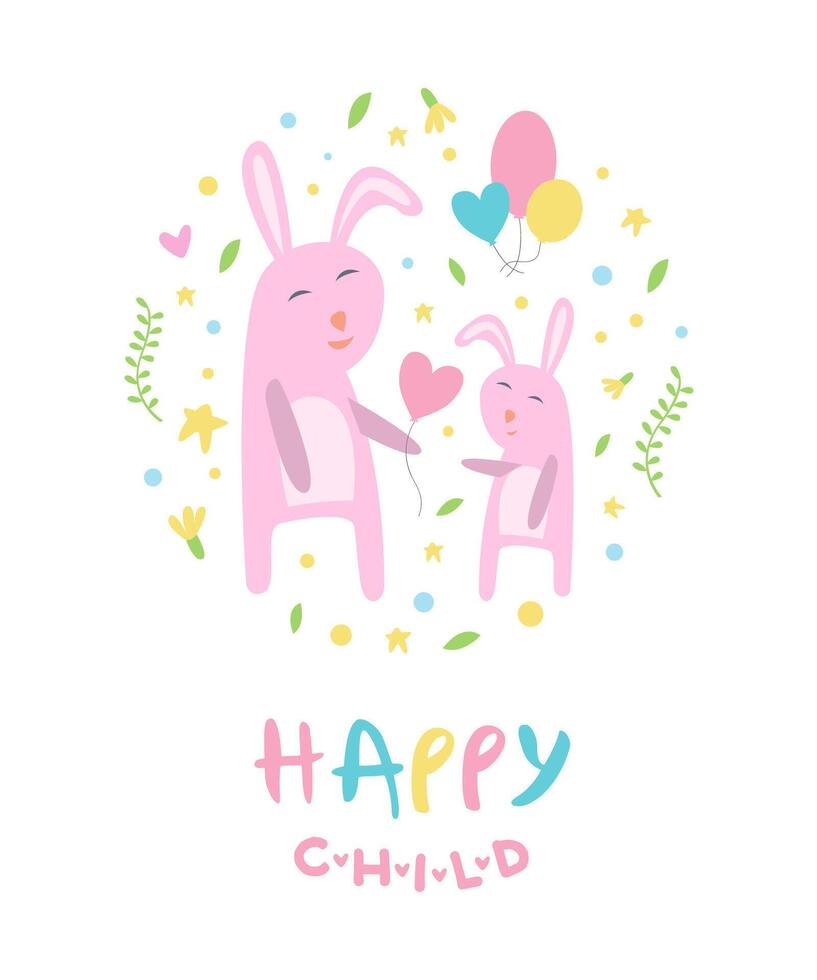 Happy Child Banner Template, Pink Mother and Kid Bunnies with Balloons, Cute Childish Poster, Greeting or Invitation Card, Print for T-shirt Design Element Illustration vector