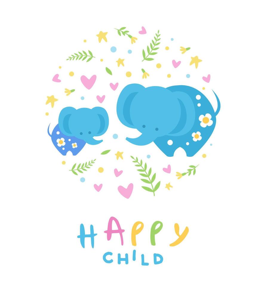 Happy Child Banner Template, Pink Mother and Kid Elephants, Cute Childish Poster, Greeting or Invitation Card, Print for T-shirt Design Element Illustration vector