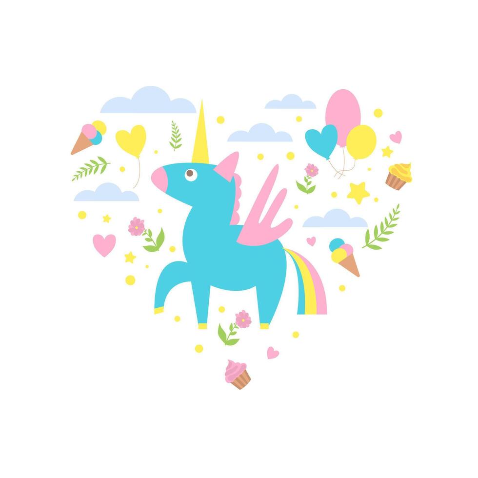 Magic Unicorn with Clouds and Ice Creams of Heart Shape, Cute Childish Poster, Greeting or Invitation Card, Print for T-shirt Design Element Illustration vector