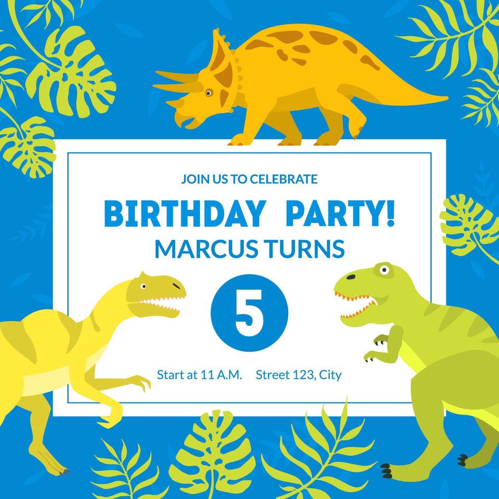 Birthday Party Banner Template, Placard, Invitation Card or Flyer with Dinosaurs Illustration vector