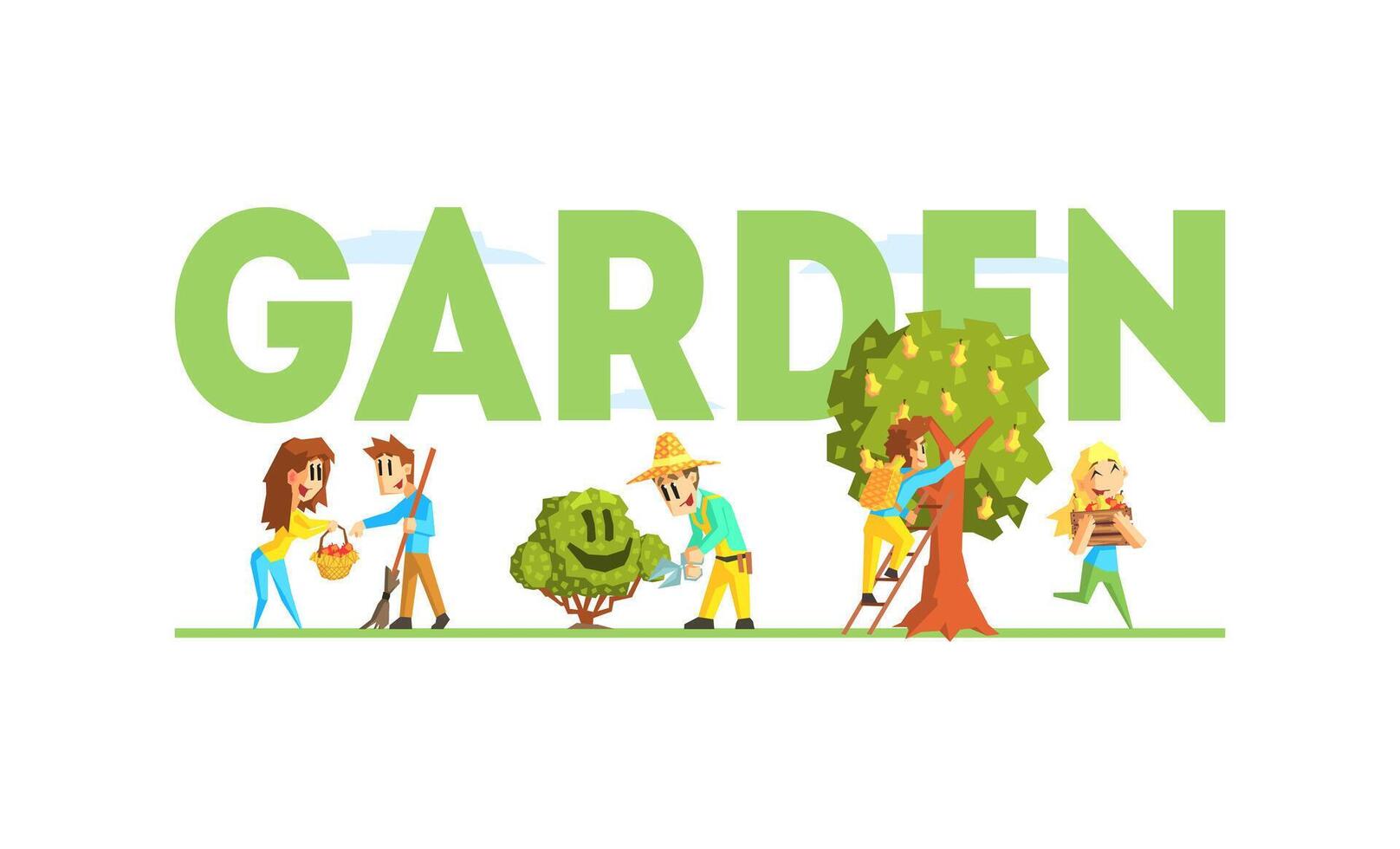 Garden Word with Little Farmers Characters Working in Garden or Farm Illustration vector