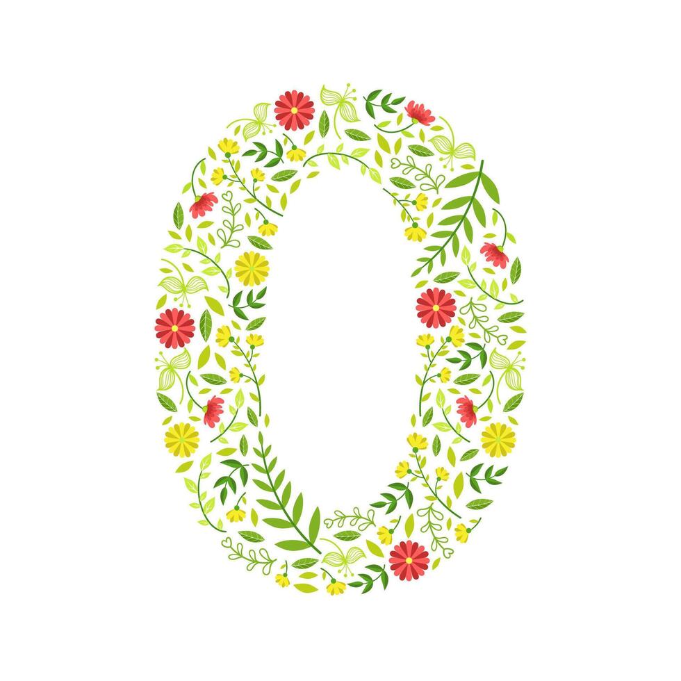 Number 0, Green Floral Number Made of Leaves and Flowers Pattern Illustration vector