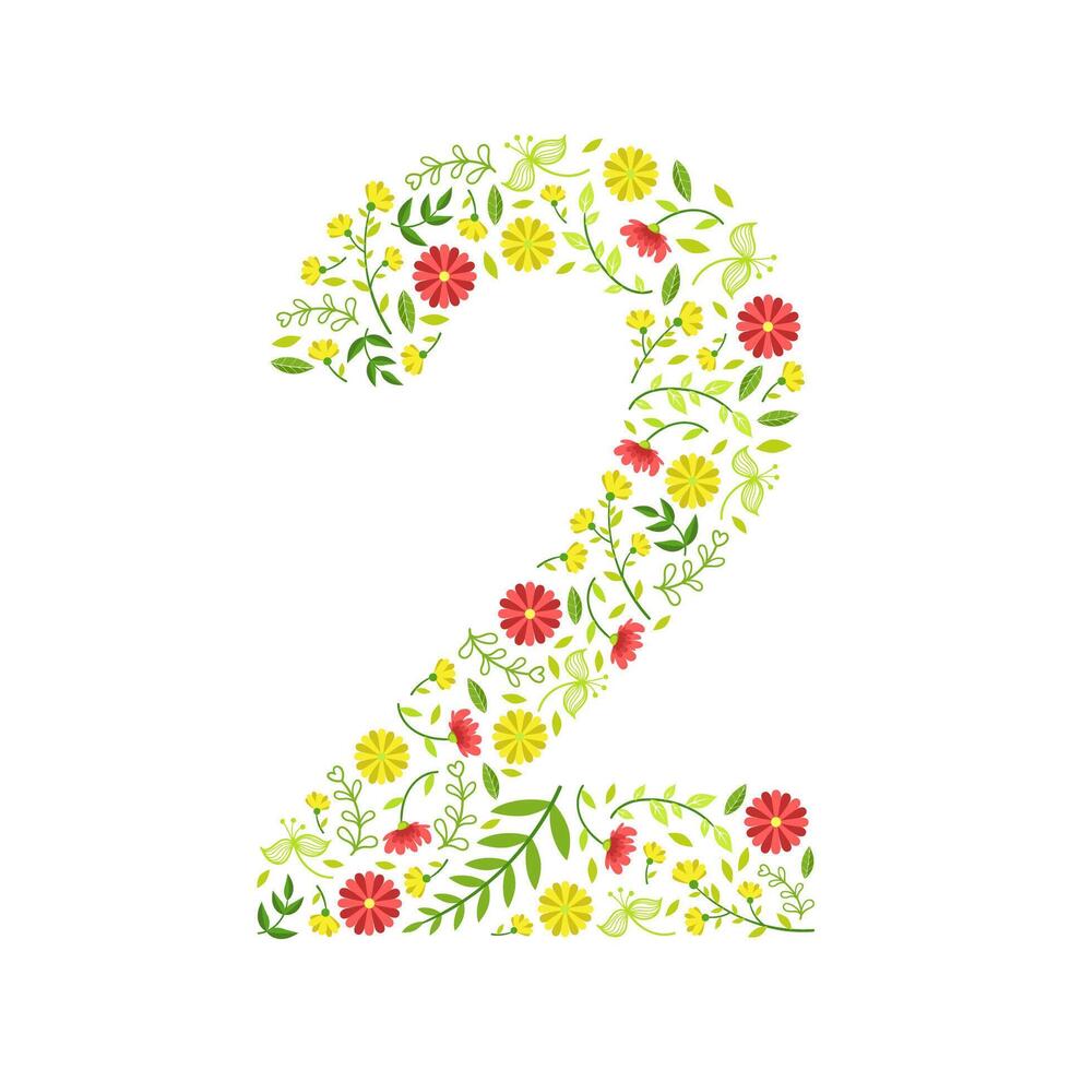 Number 2, Green Floral Number Made of Leaves and Flowers Pattern Illustration vector