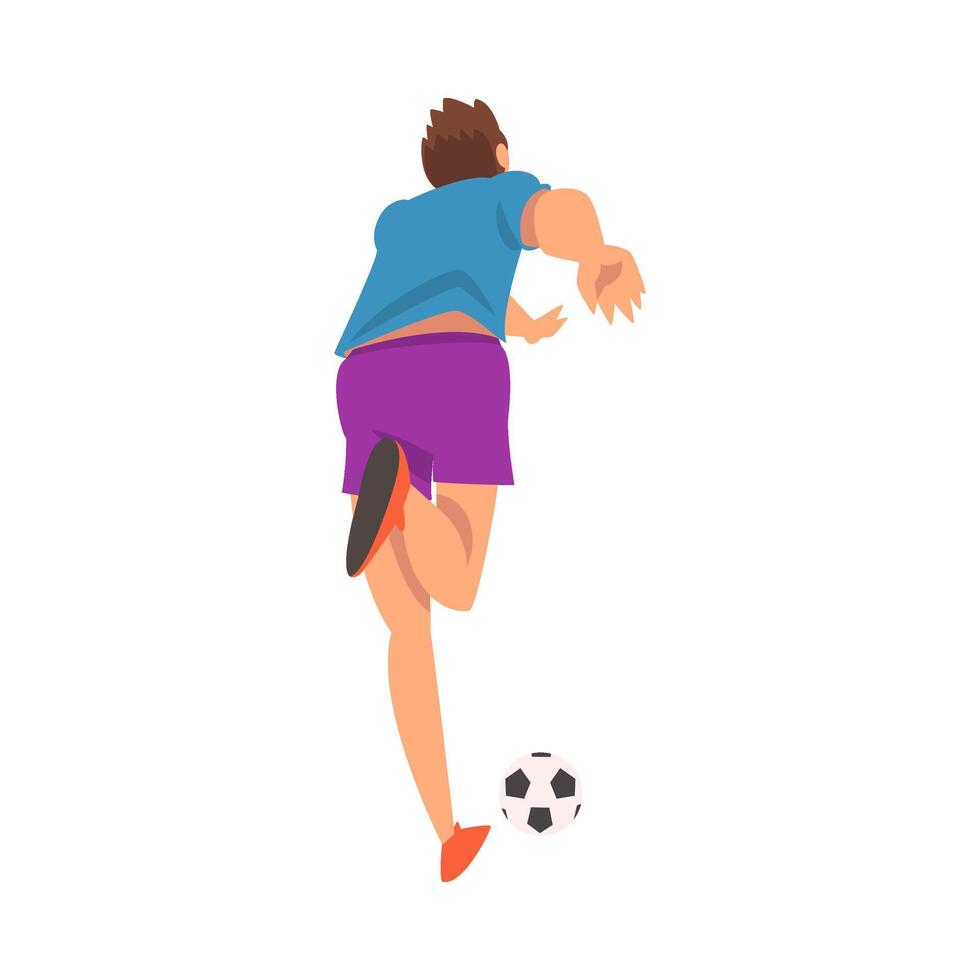 Soccer Player in Sports Uniform Kicking the Ball, View from Behind, Professional Athlete Character in Action Illustration vector