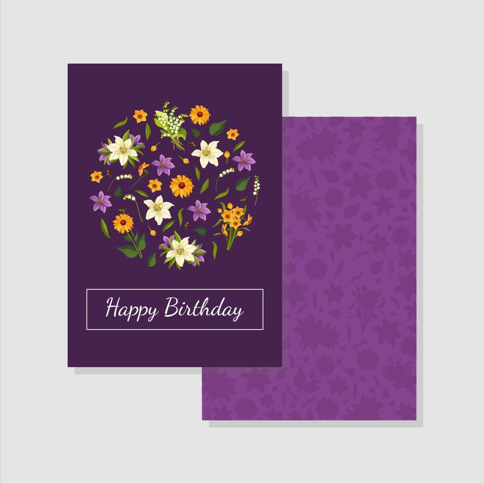 Happy Birthday Purple Card Template with Floral Pattern of Circular Shape Illustration vector