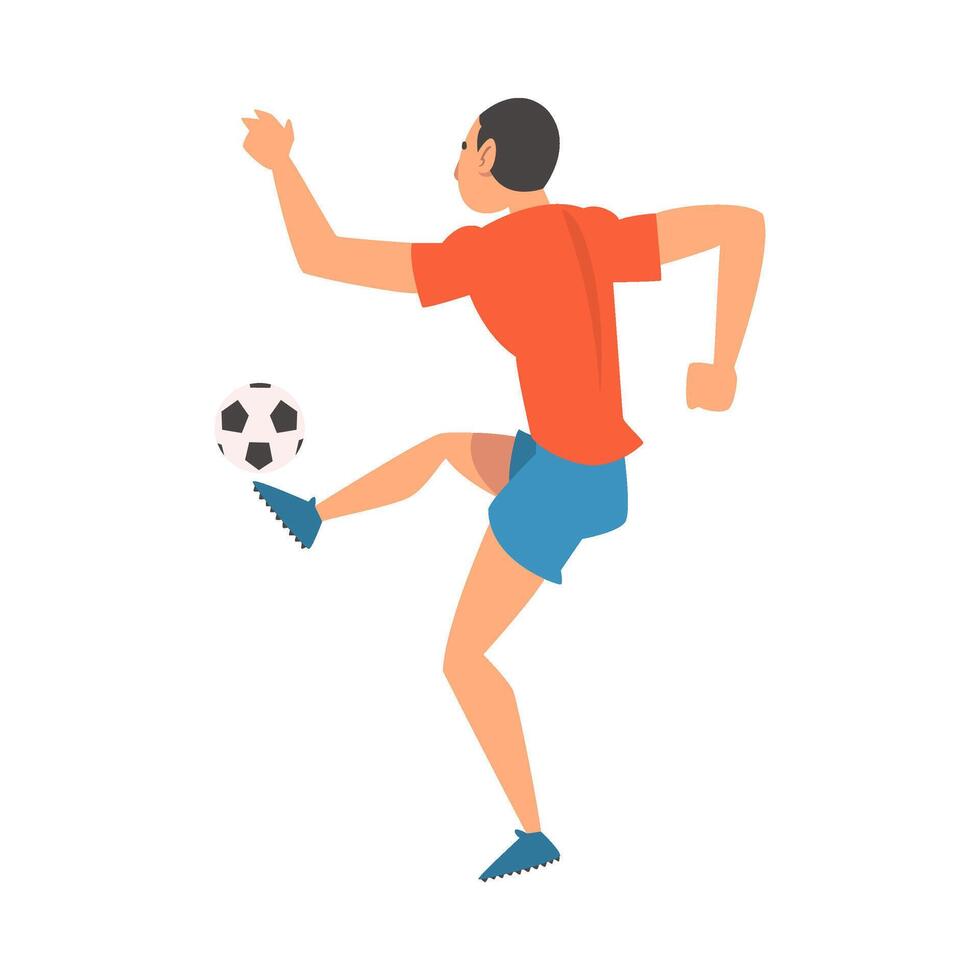 Soccer Player in Sports Uniform Kicking the Ball, Professional Athlete Character in Red T-shirt and Blue Shorts in Action, View from Behind Illustration vector