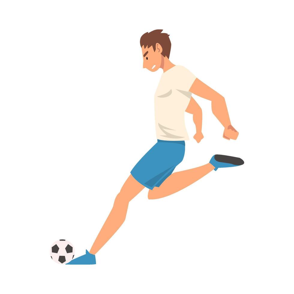 Soccer Player in Sports Uniform Kicking the Ball, Side View, Professional Athlete Character in Action Illustration vector