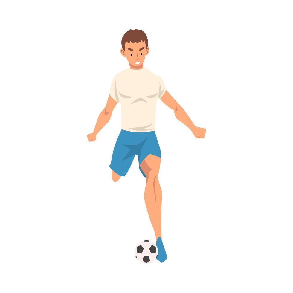Soccer Player in Sports Uniform Kicking the Ball, Professional Athlete Character in White T-shirt and Blue Shorts in Action, Front View Illustration vector