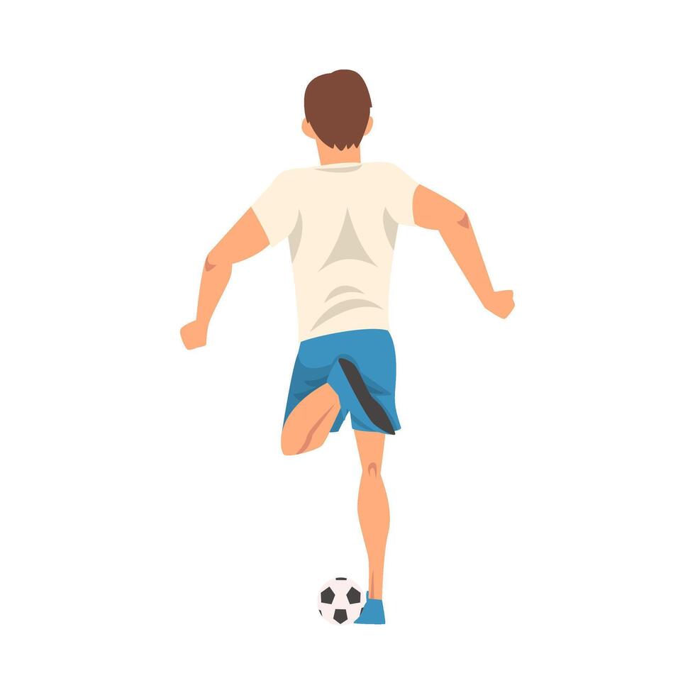Soccer Player in Sports Uniform Kicking the Ball, Professional Athlete Character in White T-shirt and Blue Shorts in Action, View from Behind Illustration vector