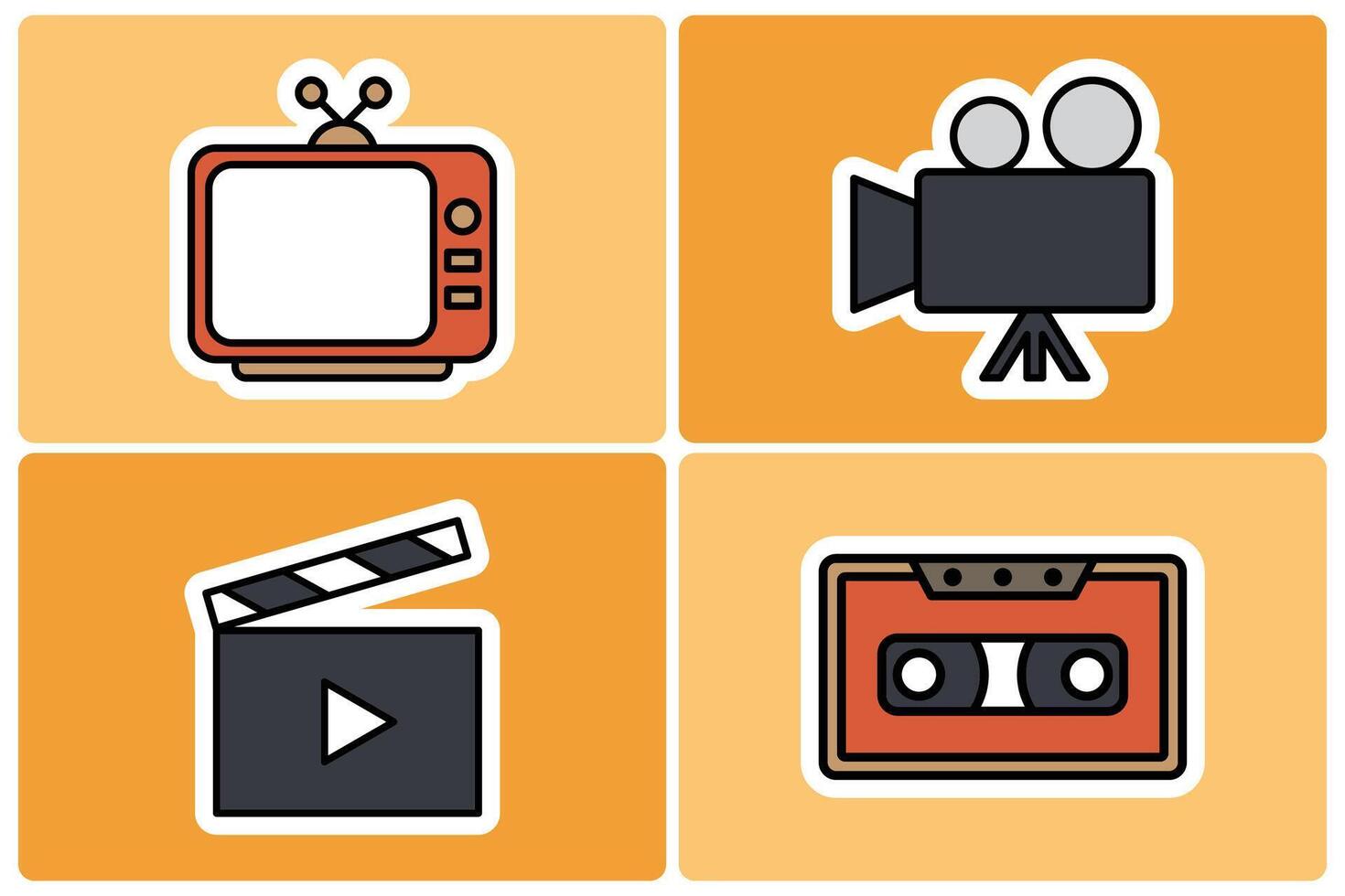Vintage Retro Media and Entertainment Doodle Icon Sticker Set. TV, Camera, Clapperboard, and Cassette vector