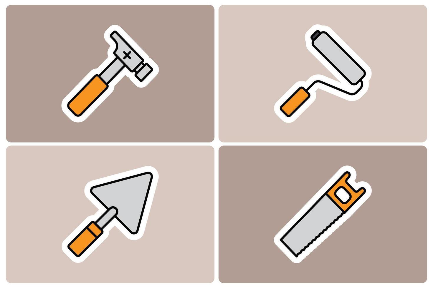 Construction and Repair Tools Doodle Icon Sticker Set. Hammer, Paint Roller, Trowel, and Saw vector