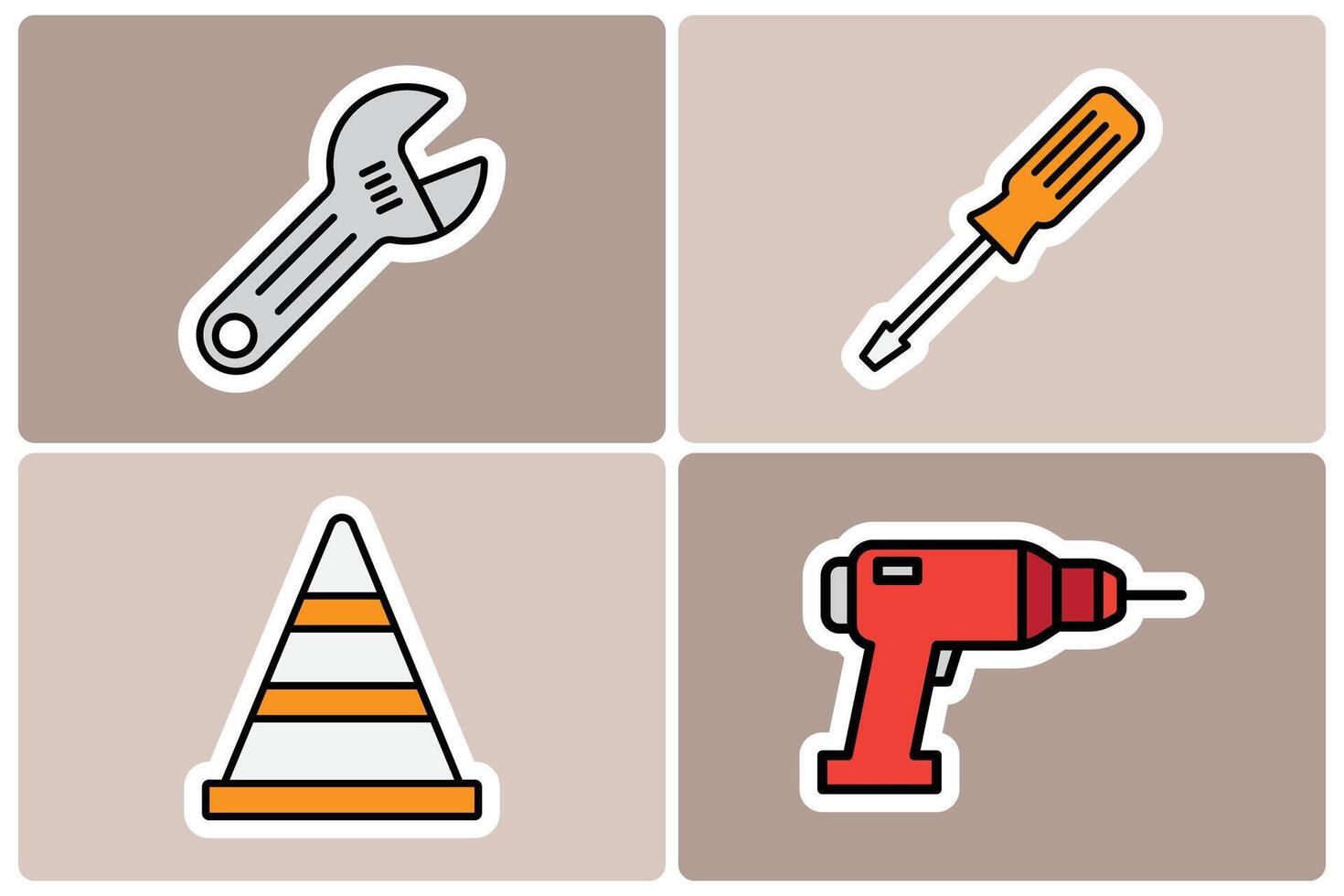Construction Tools Doodle Icon Sticker Set. Wrench, Screwdriver, Drill, and Traffic Cone vector
