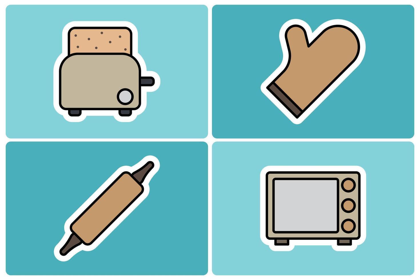 Kitchen Appliance and Baking Doodle Icon Sticker Set. Toaster, Oven Mitt, Rolling Pin, and Microwave vector