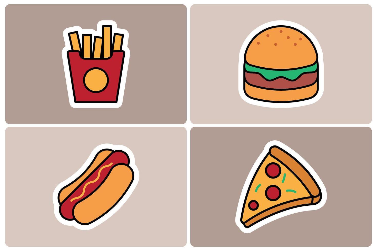 Fast Food Doodle Icon Sticker Set. Burger, Fries, Pizza, and Hot Dog vector