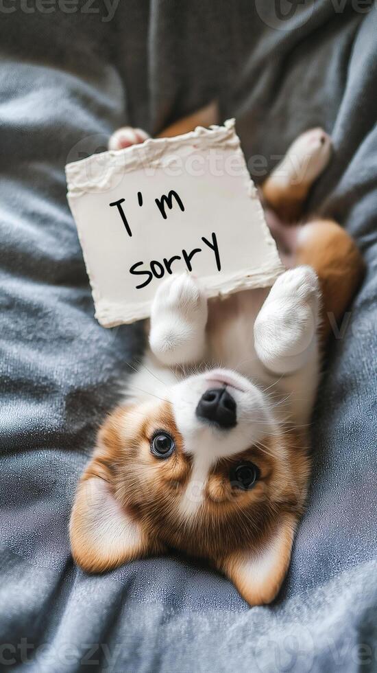 playful Corgi puppy lying on its back, holding a sign that says I'm sorry. The adorable puppy and heartfelt gesture make this image perfect for conveying apology, love, or cuteness. photo