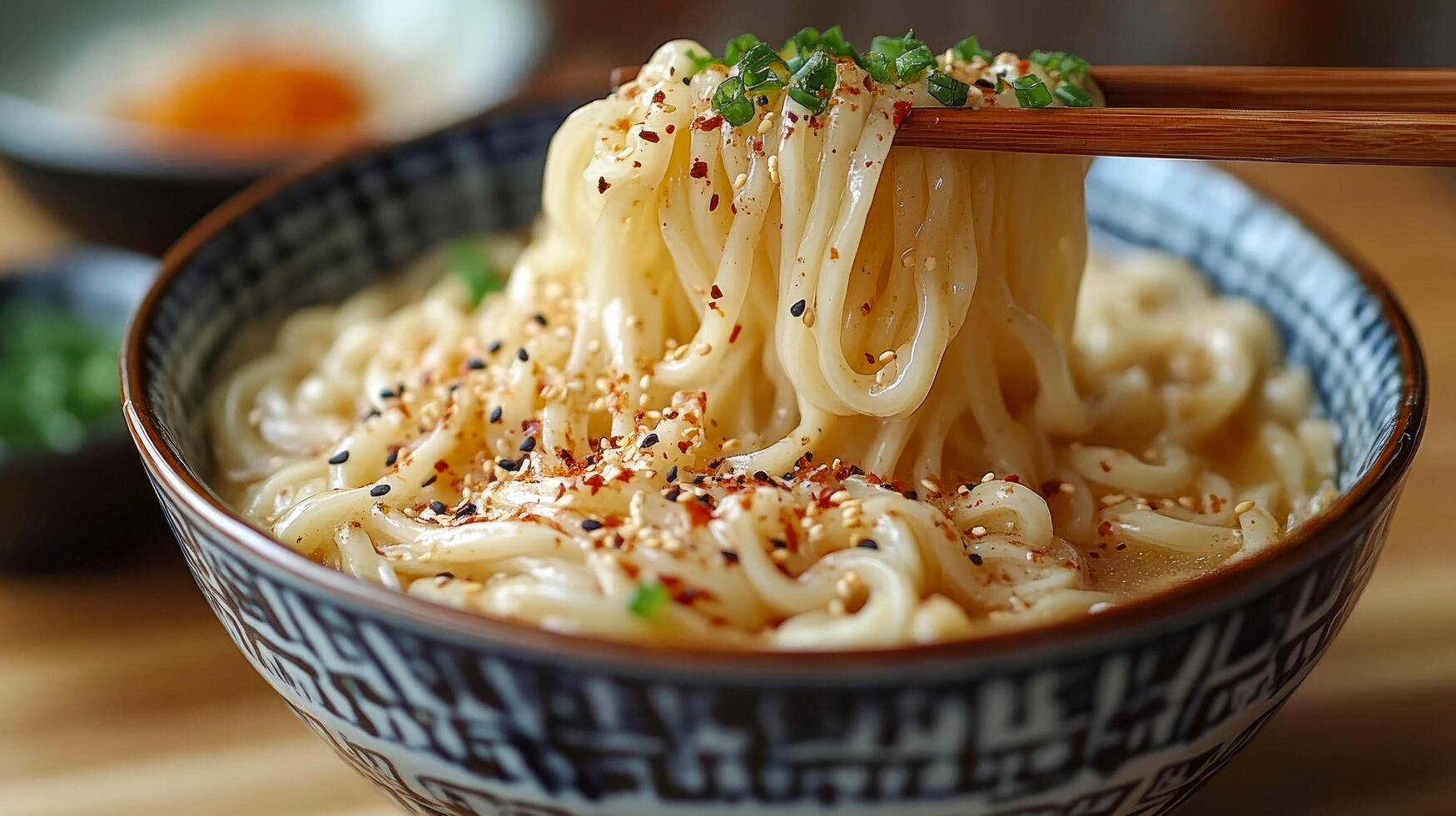 A bowl of noodles with chopsticks and a bowl of sauce photo