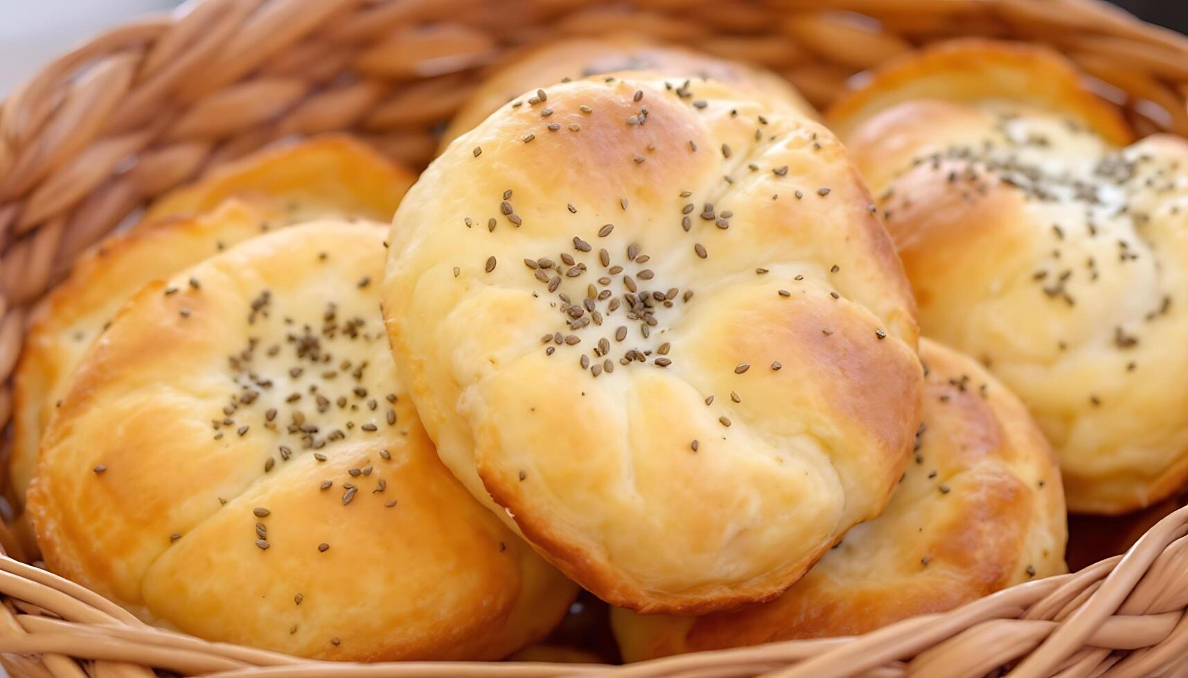 Golden cheesy rolls with seeds in a woven basket - Generated using AI photo