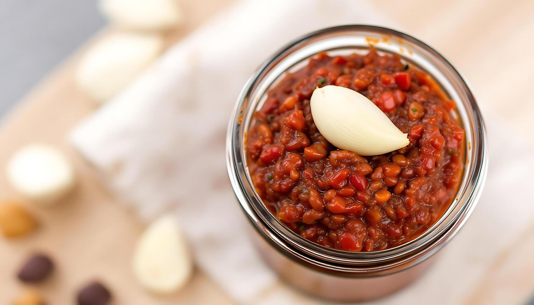 Homemade roasted red pepper and aubergine spread in a glass jar - Generated using AI photo