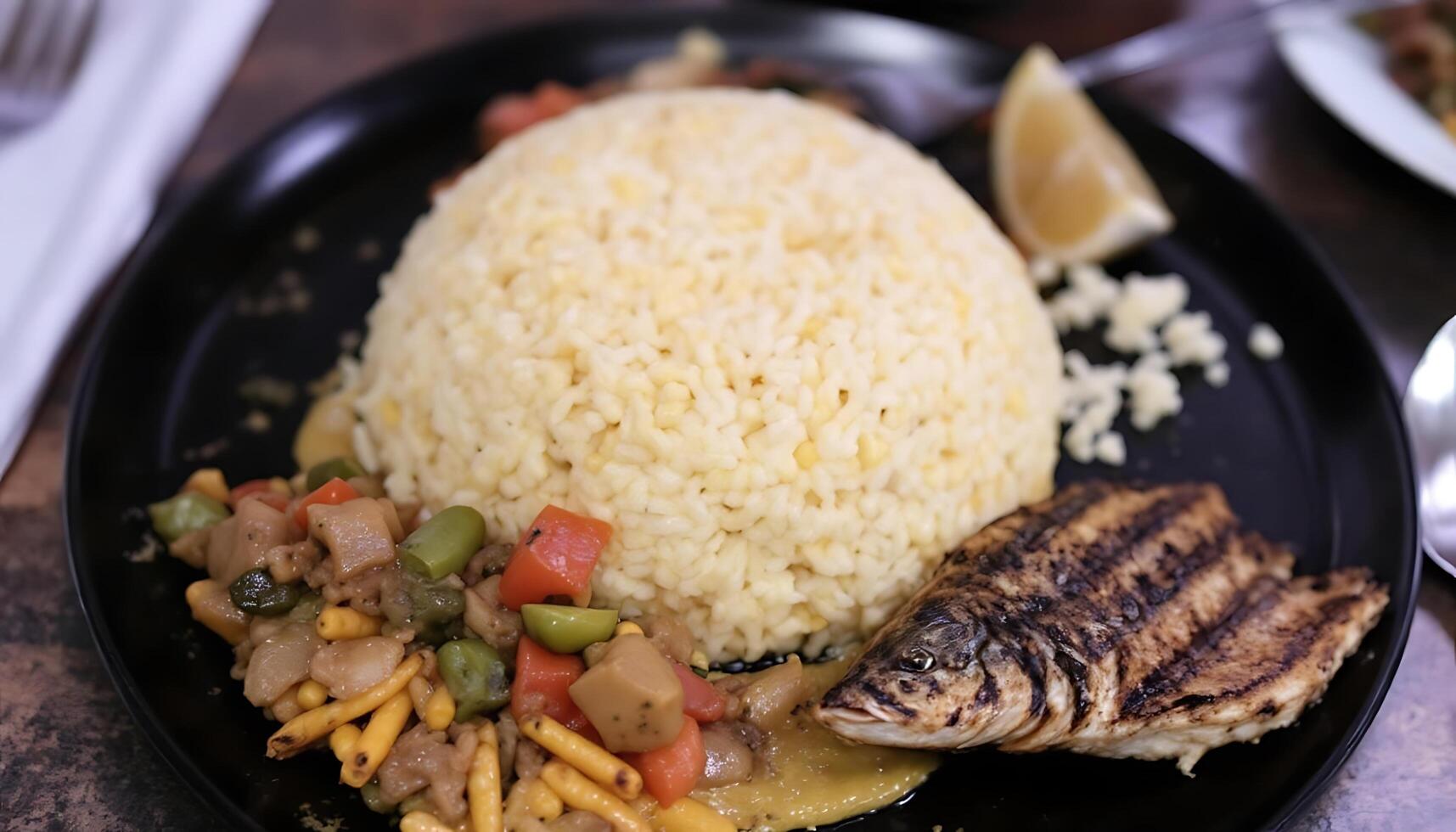 Exotic culinary arrangement featuring molded porridge and grilled fish - Generated using AI photo