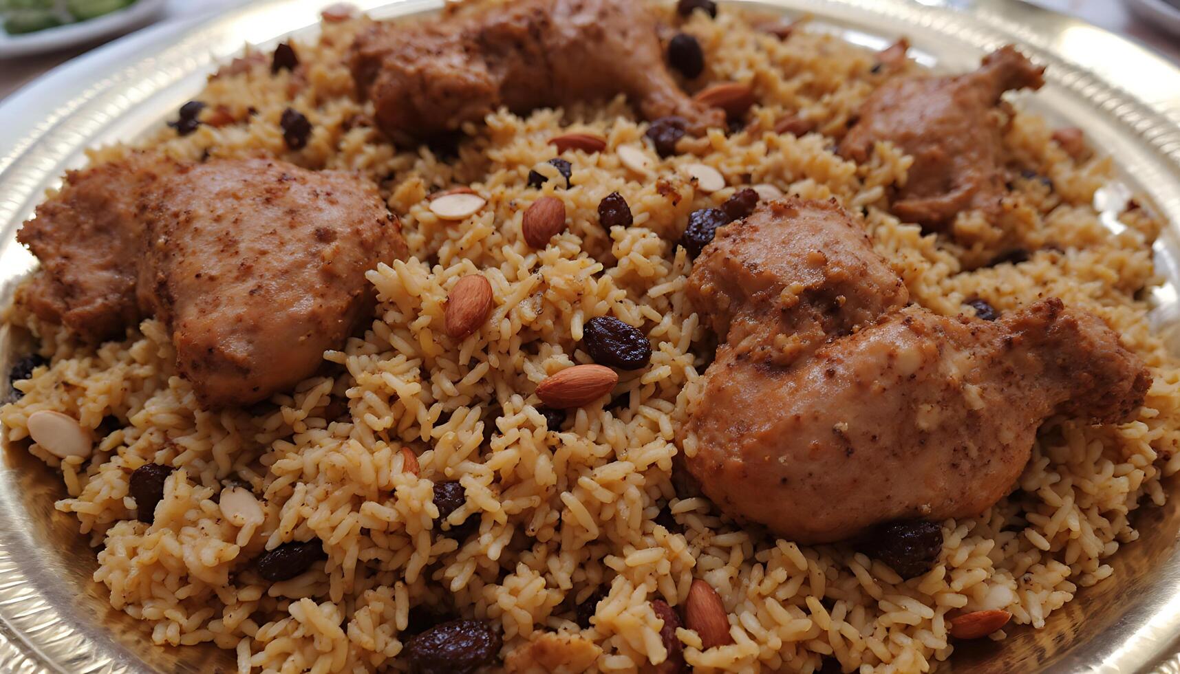 Delicious chicken pieces on a bed of seasoned rice with raisins and nuts - Generated using AI photo