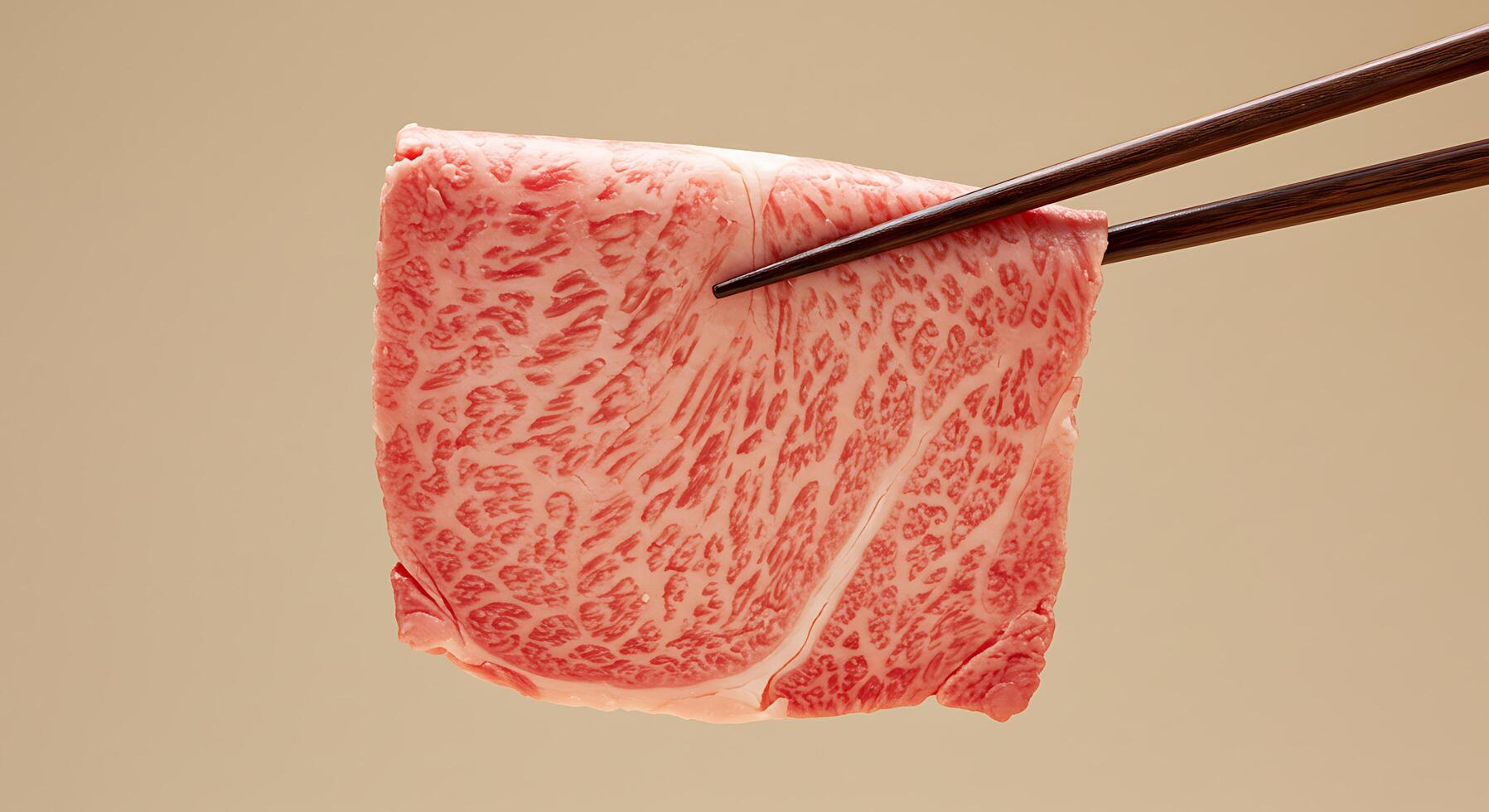 Elevated slice of marbled Wagyu beef delicacy held with chopsticks - Generated using AI photo