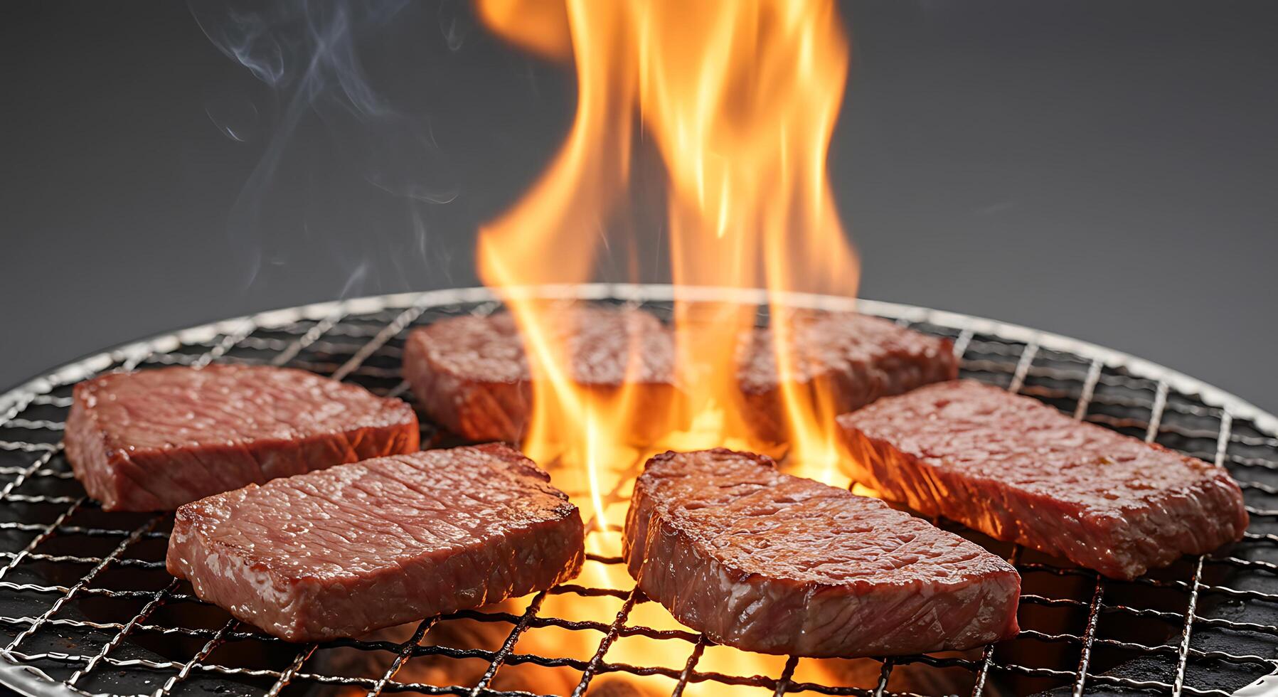 Delicious premium beef sizzling over charcoal grill flames - Generated using AI photo
