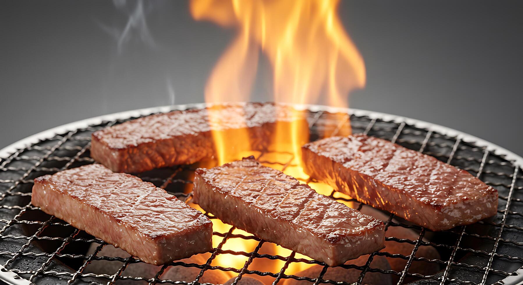 Succulent beef slices sizzling over fiery charcoal embers - Generated using AI photo