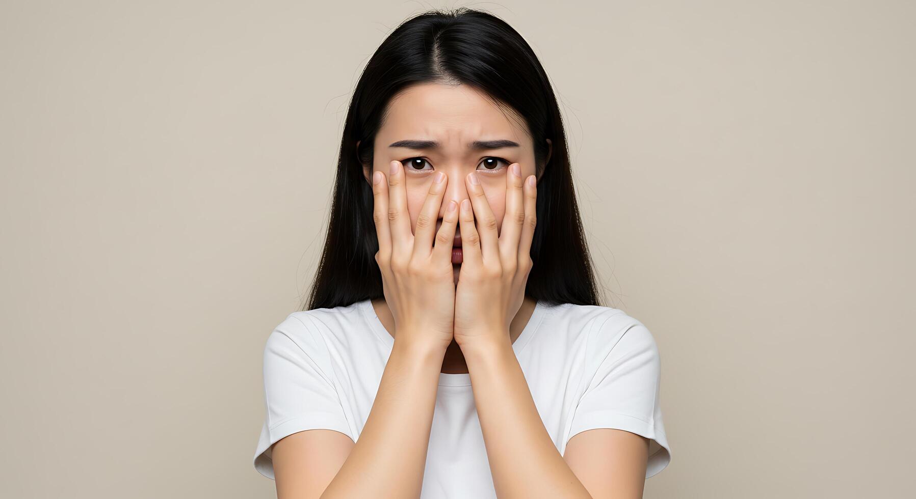 Distressed Asian woman shielding her face in fear - Generated using AI photo