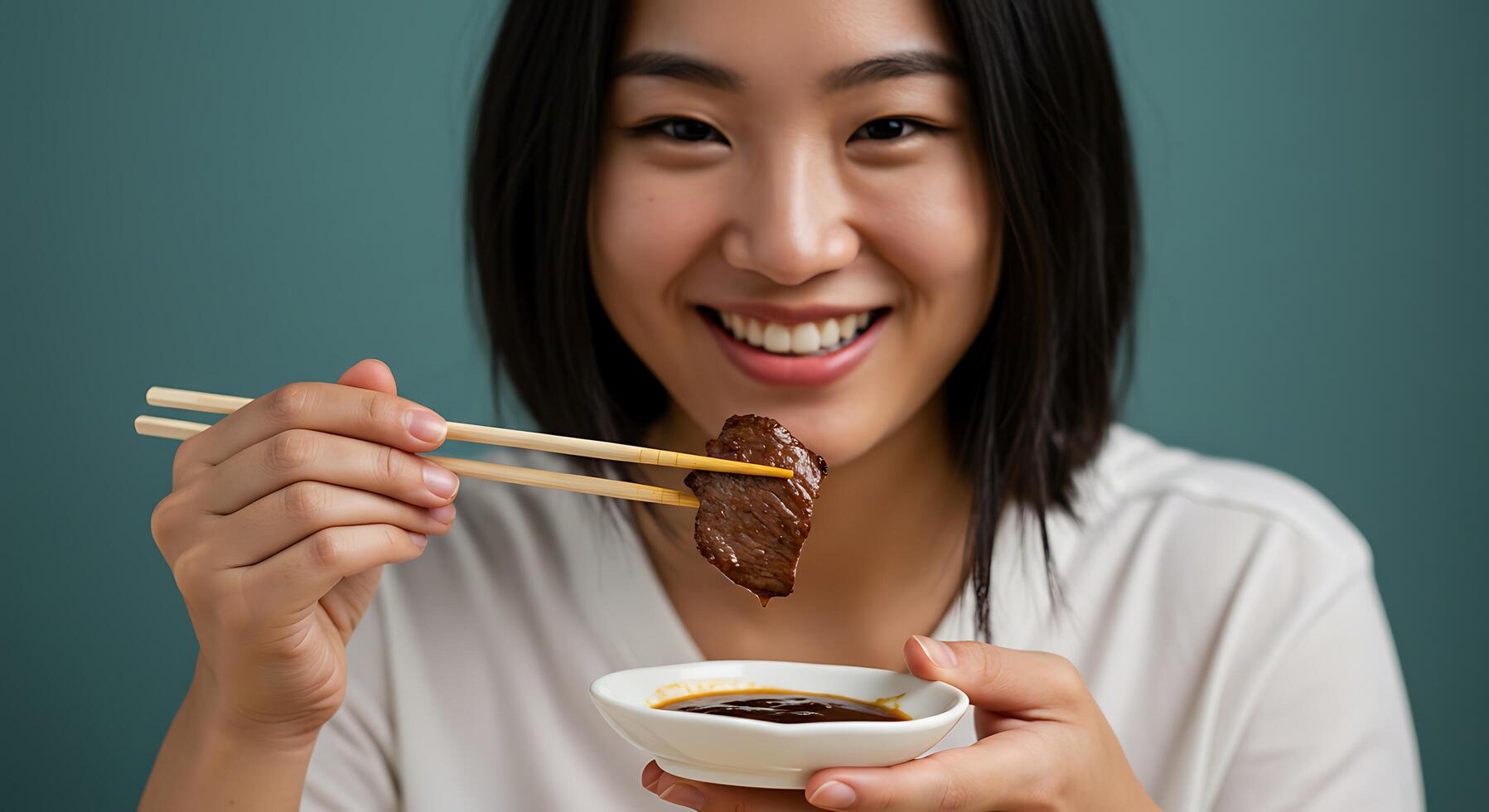 Delighted woman enjoying juicy meat with chopsticks - Generated using AI photo