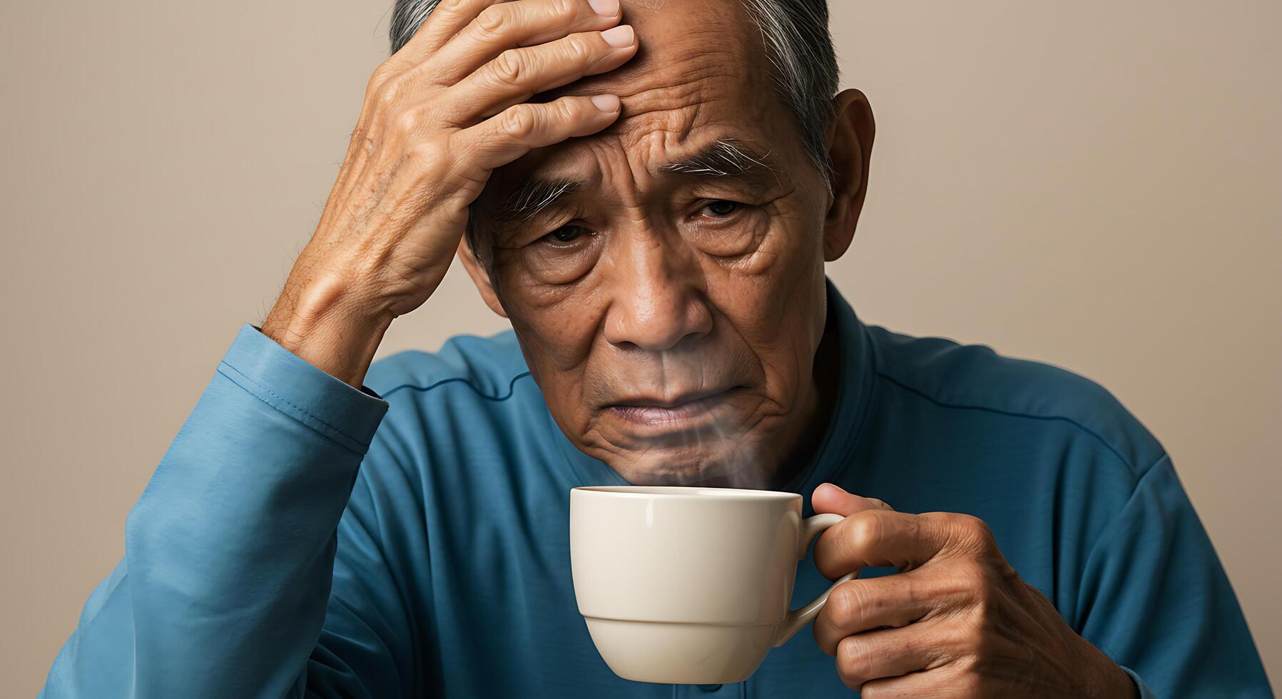 Elderly man pondering with a hot drink - Generated using AI photo