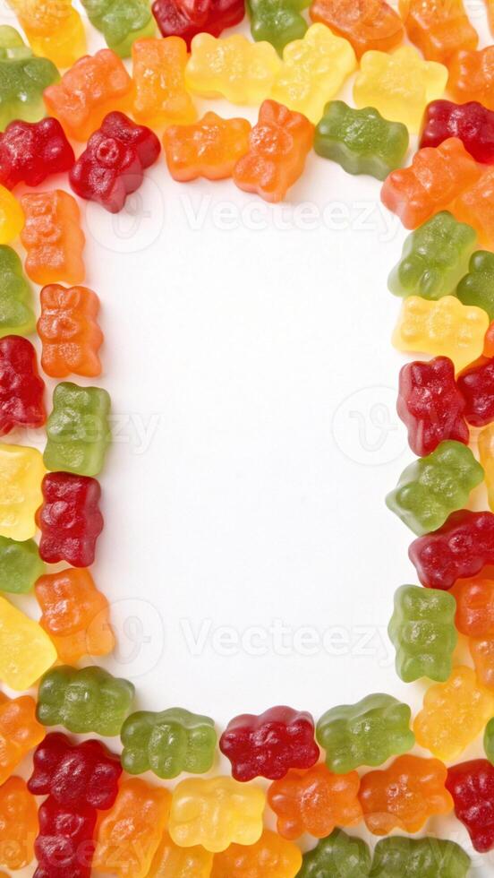 A vertical background frame formed from a bunch of colorful gummy bears photo