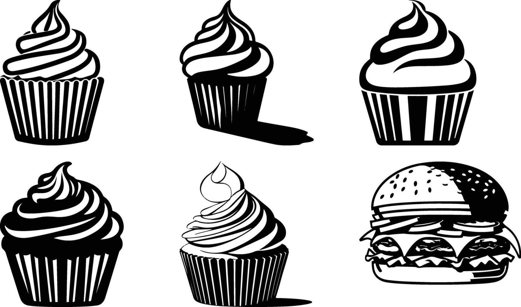 Flavorful Burger Cupcake Silhouette Pack vector