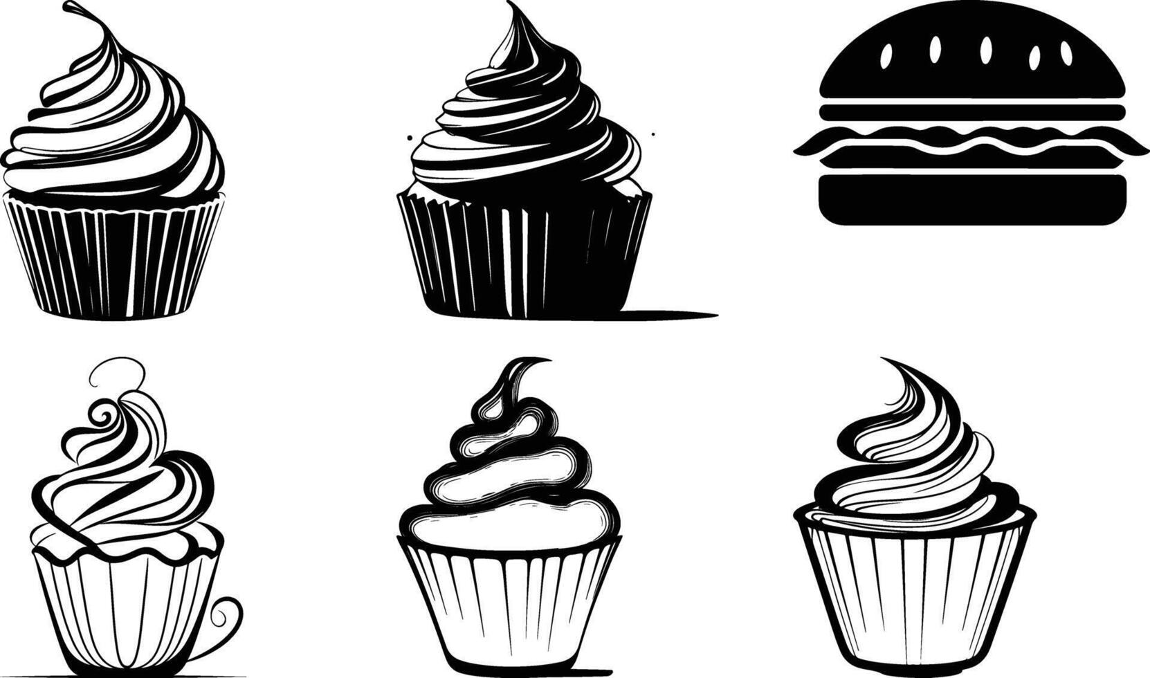 High-Quality Burger Cupcake Silhouette Set vector