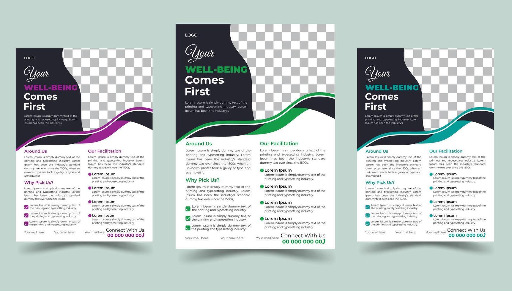 Medical Services Care A4 Paper Size Leaflet And Flyer Template Design. vector
